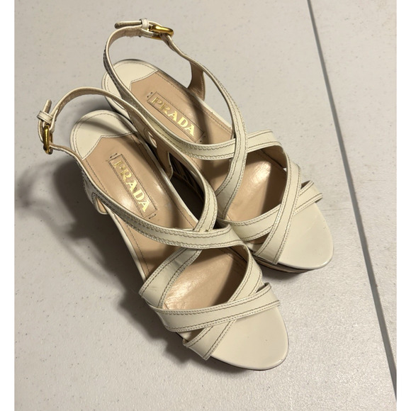 Prada Wedge Sandals 38 Beige Brown Wooden Leather Wedge Platform Slingback - Picture 1 of 12